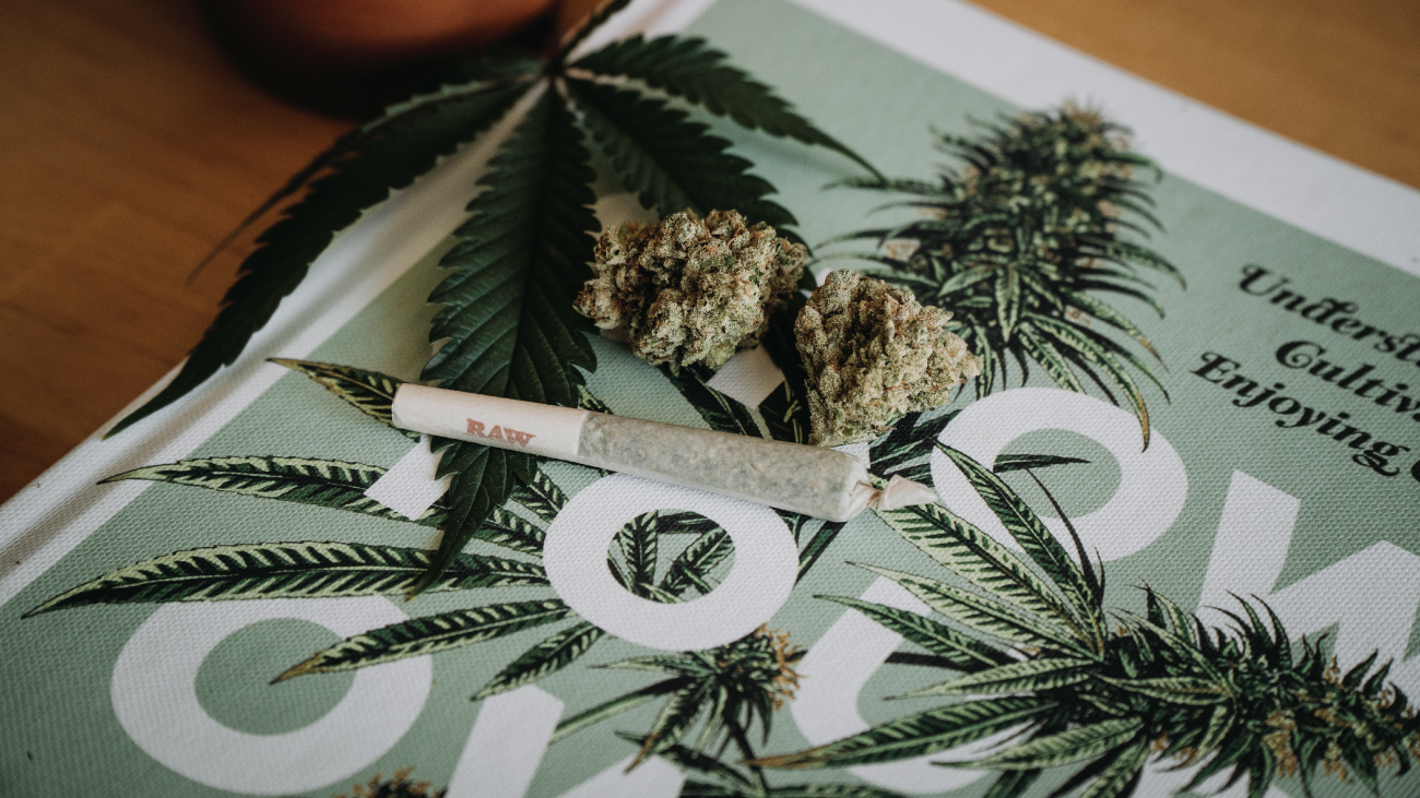 Close-up of cannabis bud and joint on a publication